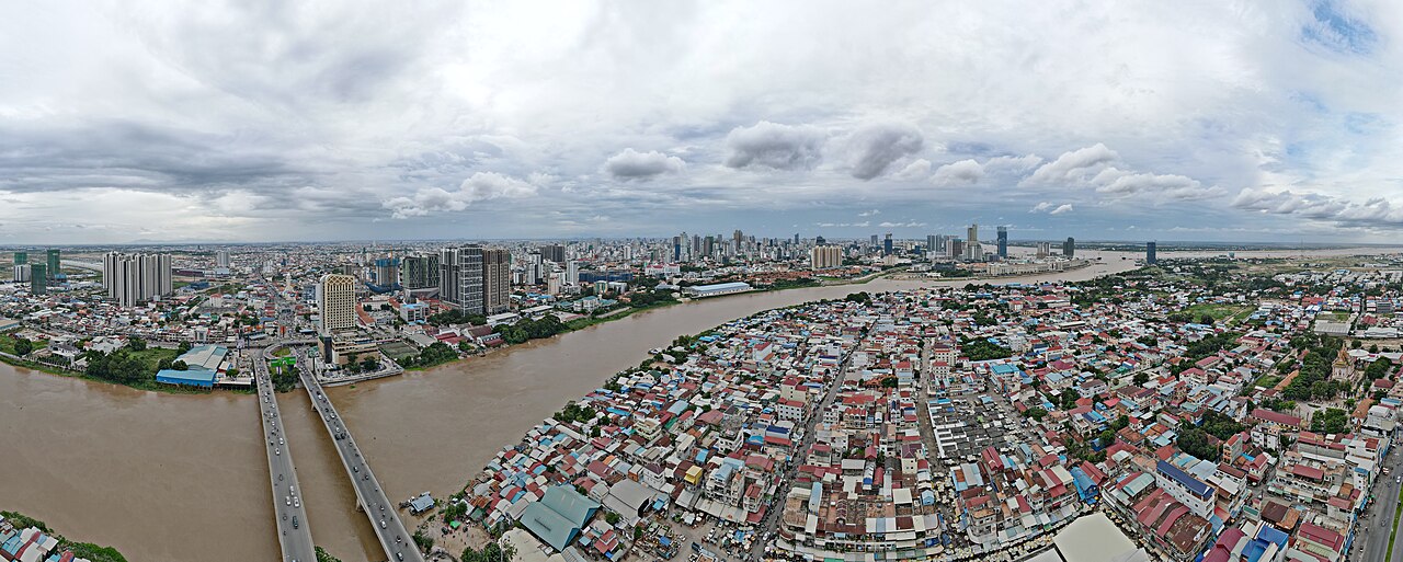 Phnom Penh skyline viewed from the Preah Monivong Bridge area in August 2022