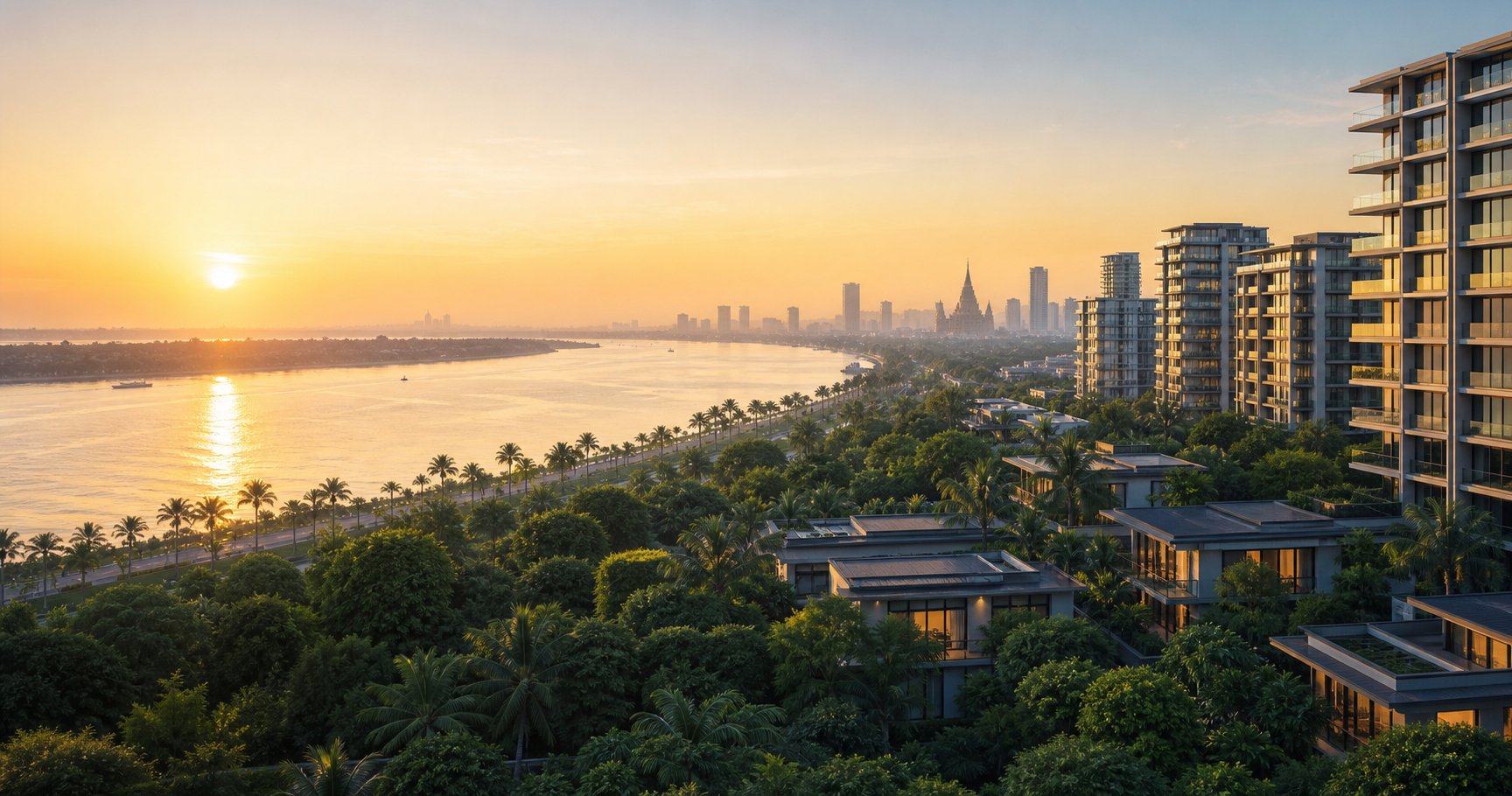 Phnom Penh skyline and river in bright daylight